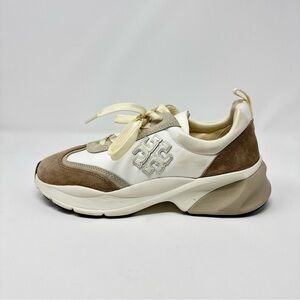 Tory Burch Good Luck Trainer White Ivory Tan Suede Women’s Sneakers. Size 8M.